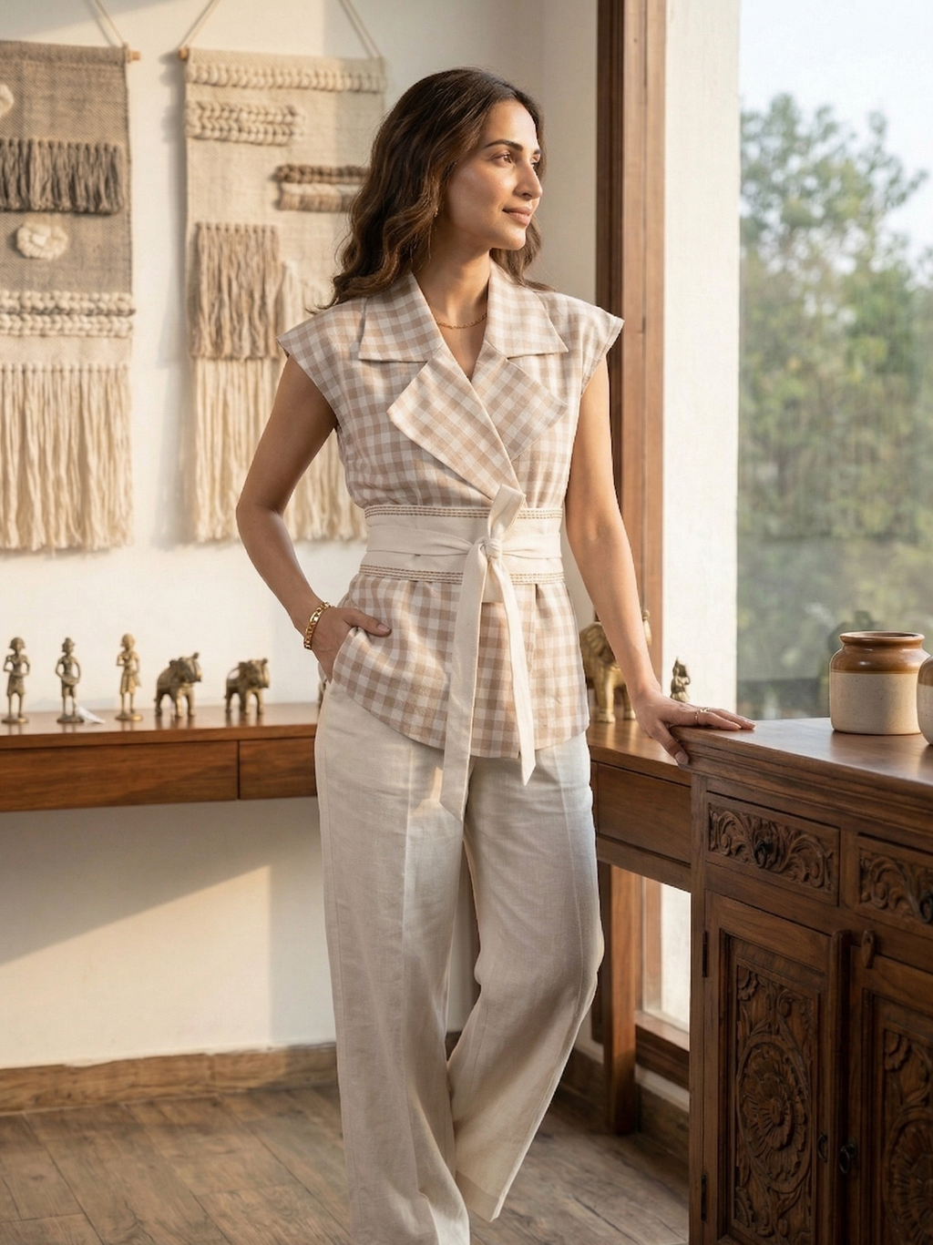 The Minimal Checks Jacket Top, With Cotton Belt